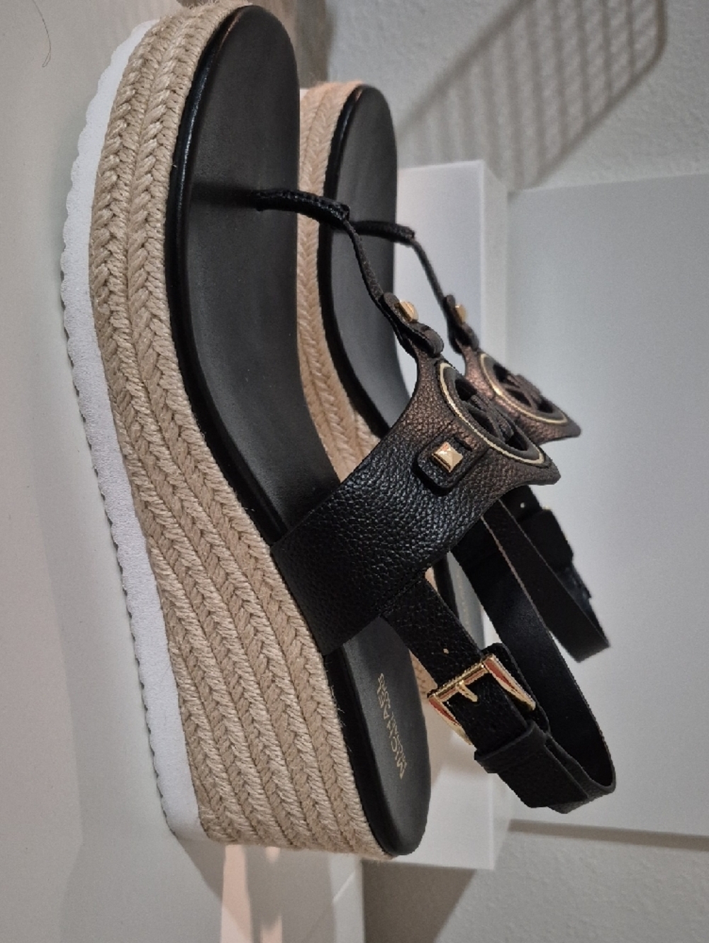 Michael Kors Black & Gold MK Logo Wedge Sandals - Picture 8 of 9